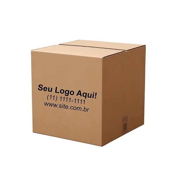 Caixa de papelão grande para transporte com impressão de logo, telefone e site na lateral