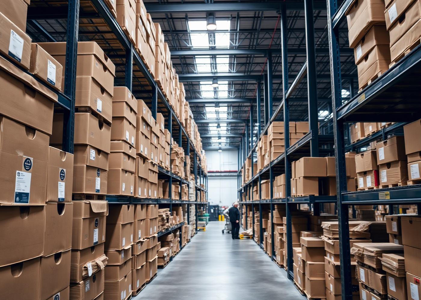 Armazém industrial com prateleiras de embalagens organizadas