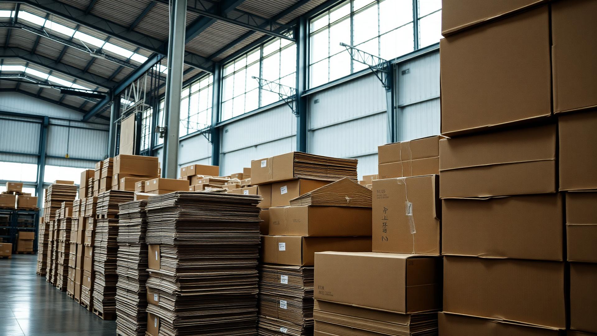 Caixas de papelão ondulado empilhadas em ambiente industrial